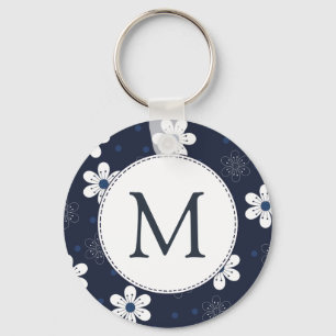 Navy Blue Pretty Floral Monogram Keychain