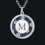Navy Blue Pretty Floral Monogram Silver Plated Necklace<br><div class="desc">Pretty navy blue and white modern floral pattern on personalized necklace.</div>