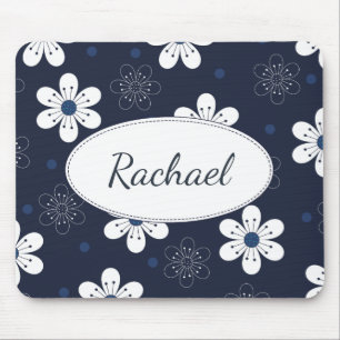 Navy Blue Pretty Floral Personalised Mouse Pad
