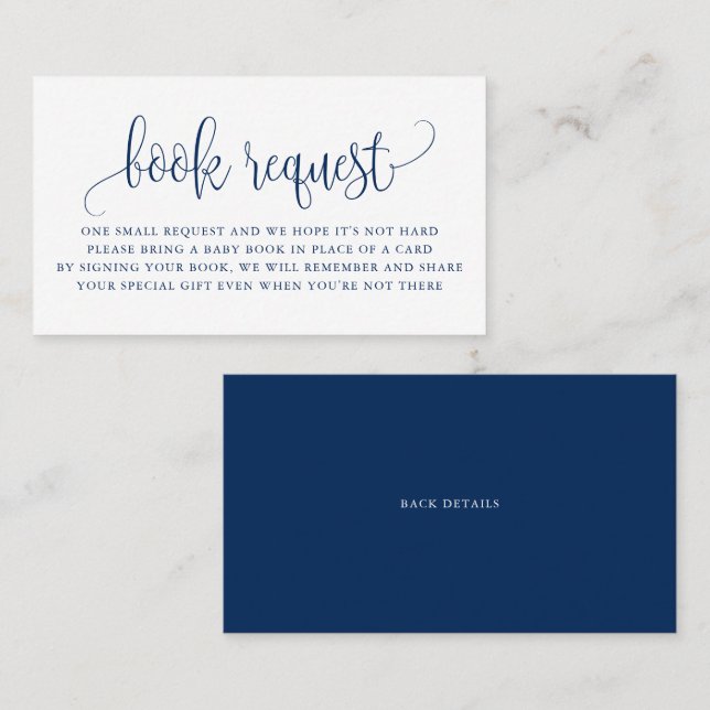 Navy Blue Pretty Script Baby Shower Book Request Business Card (Front/Back)