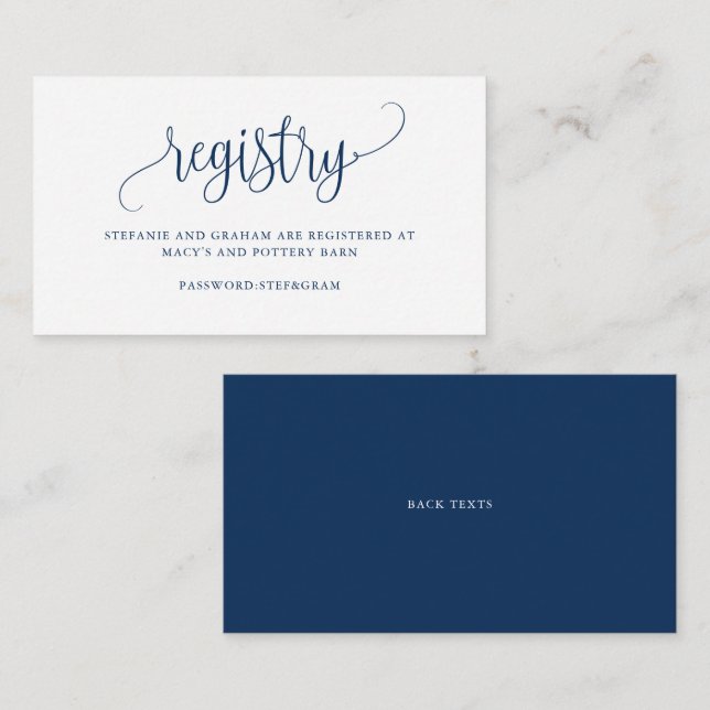 Navy Blue Pretty Script Wedding Registry Enclosure Card (Front/Back)