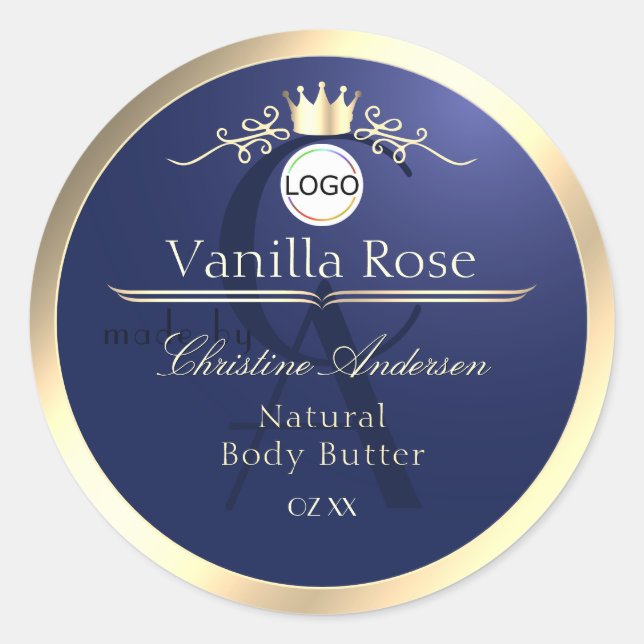 Navy Blue Product Label Gold Frame Logo Monogram (Front)