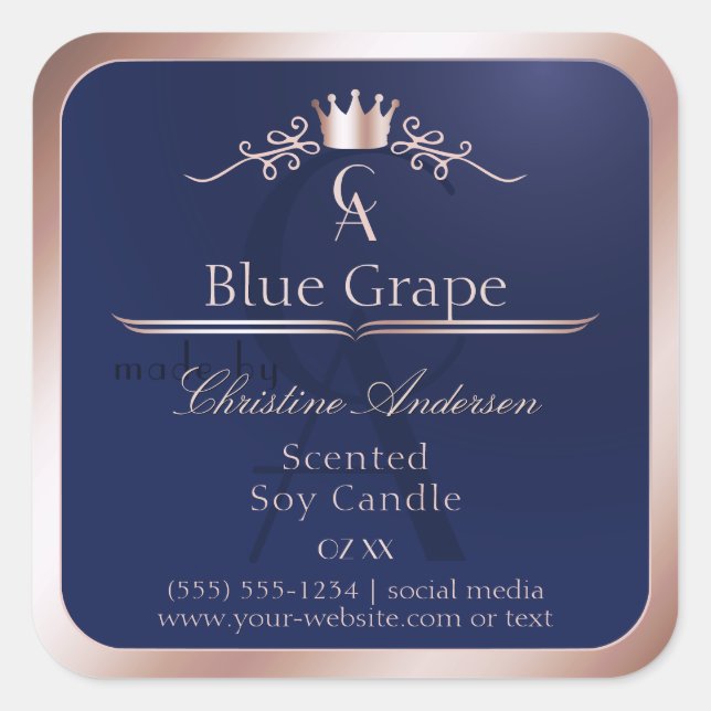 Navy Blue Product Label Rose Gold Frame Monogram (Front)