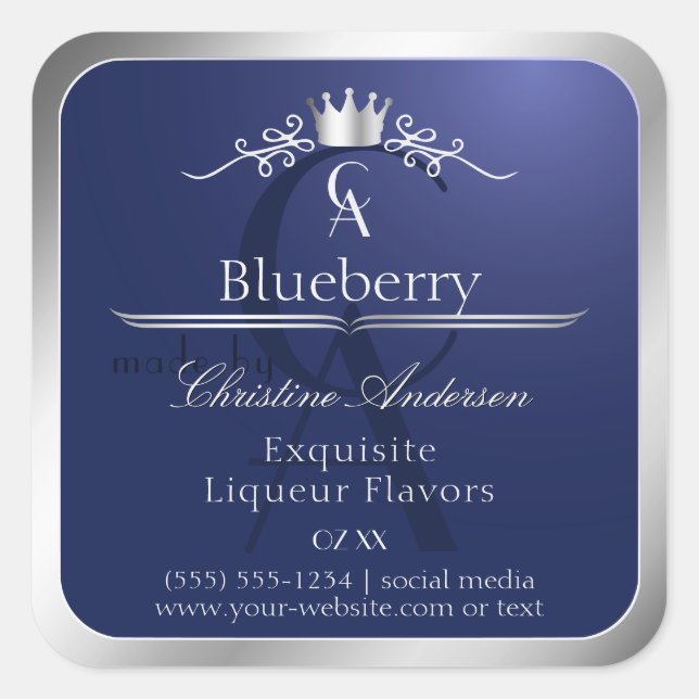 Navy Blue Product Label with Silver Frame Monogram (Front)