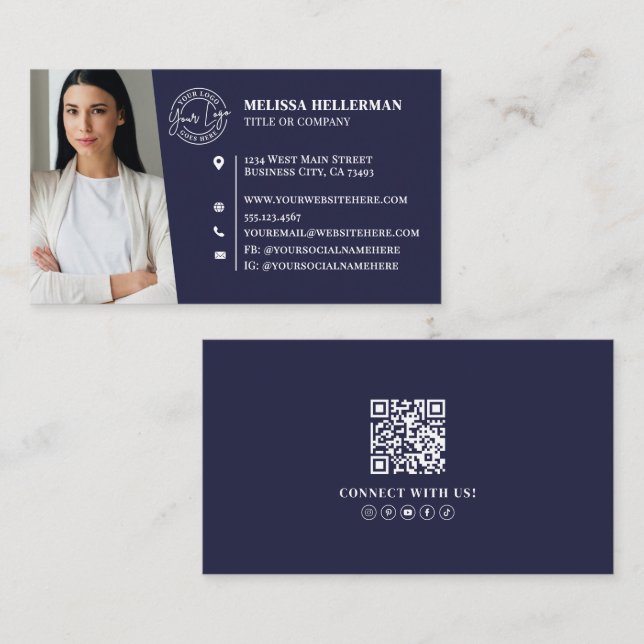 Navy Blue Professional QR Code Photo Logo Business Card (Front/Back)