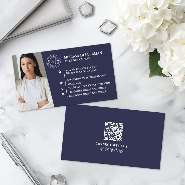 Navy Blue Professional QR Code Photo Logo Business Card (Navy Blue Professional QR Code Photo Logo Business Card )
