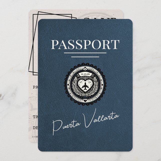 Navy Blue Puerta Vallarta Passport Save The Date (Front/Back)