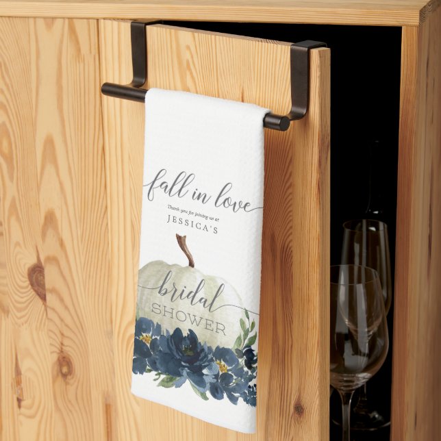 Navy Blue Pumpkin Fall in Love Bridal Shower Favou Kitchen Towel (Thirds Fold)