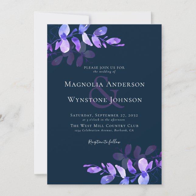 Navy Blue Purple Eucalyptus Ampersand Wedding Invitation (Front)