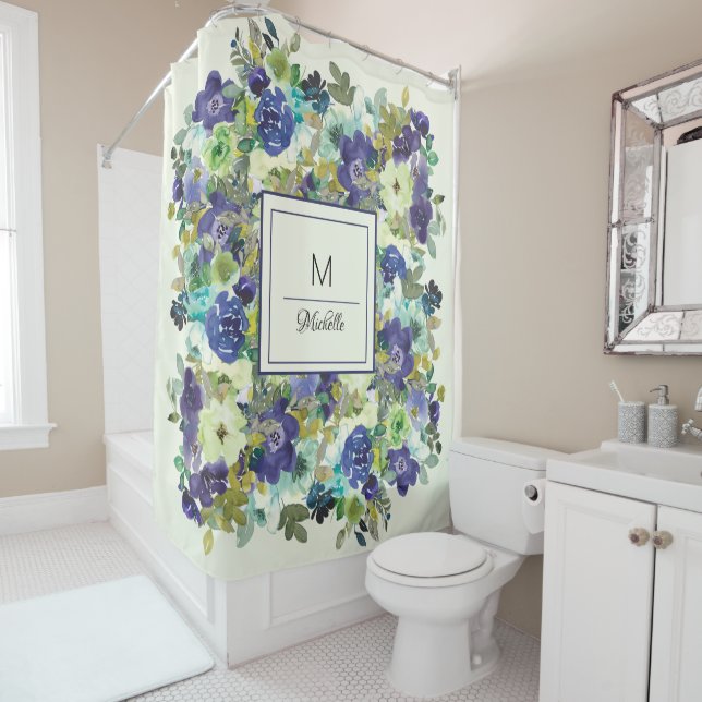 Navy Blue Purple Green Watercolor Floral Monogram (In Situ)