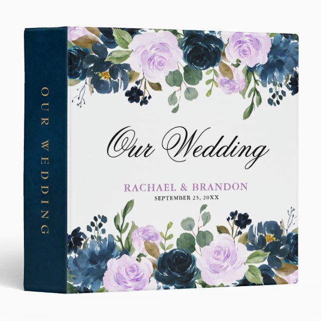 Navy Blue Purple lavender Rose Boho Wedding Binder (Front/Spine)