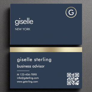 Navy Blue QR Code Faux Gold Foil Monogram  Business Card