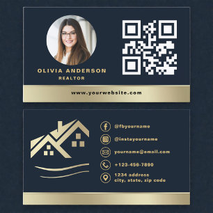 Navy Blue QR Code Gold House Real Estate Realtor Business Card