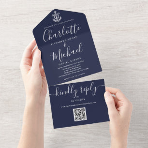 Navy Blue QR Code Script Anchor Nautical Wedding All In One Invitation