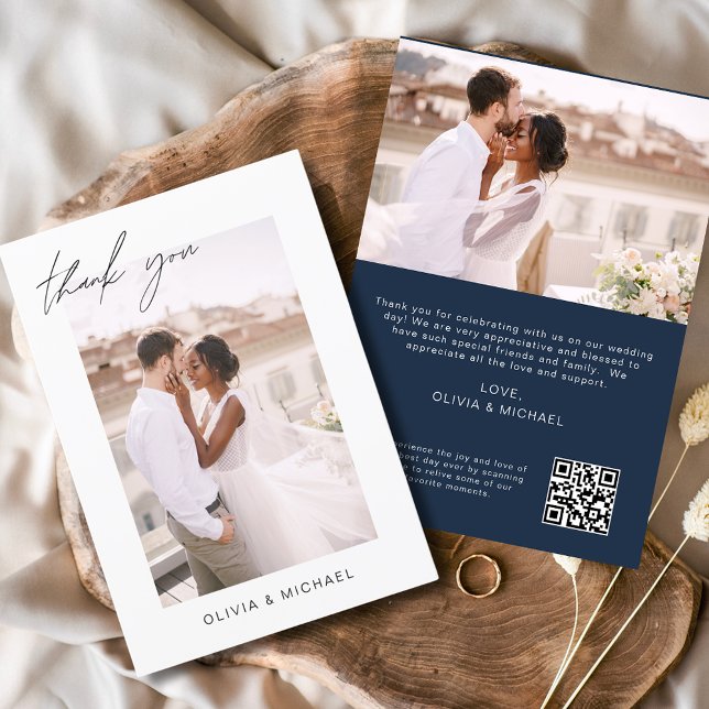 Navy Blue QR Code Wedding Thank You Photo Card (Creator Uploaded)