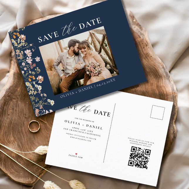 Navy Blue QR Code Wildflower Floral Wedding Announcement Postcard (Creator Uploaded)