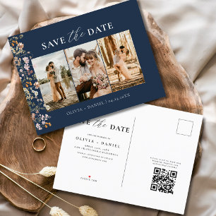 Navy Blue QR Code Wildflower Floral Wedding Announcement Postcard