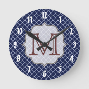 Navy Blue Quarterfoil Latti Monogram Wall Clock