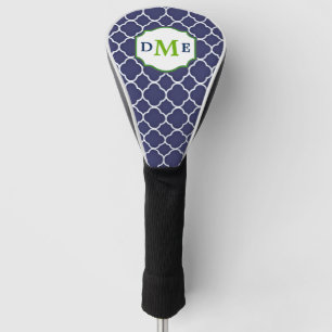 Navy Blue Quatrefoil Green Monogram Golf Head Cover