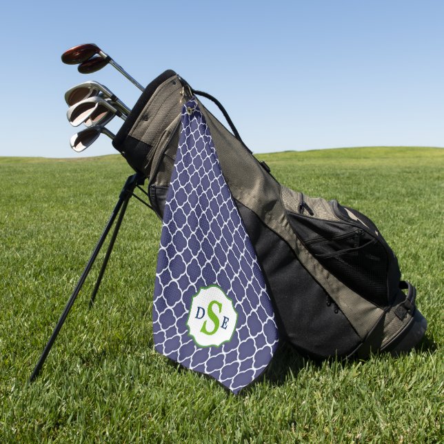 Navy Blue Quatrefoil Green Monogram Golf Towel (Green)