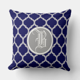 Navy Blue Quatrefoil Pattern Monogram Throw Pillow
