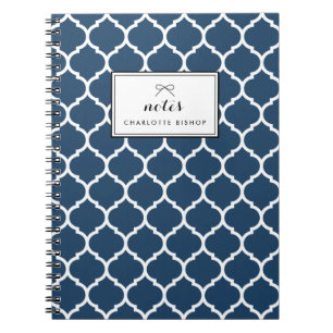 Navy Blue Quatrefoil Pattern Personalized Notebook