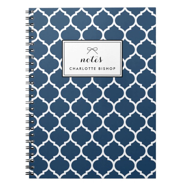 Navy Blue Quatrefoil Pattern Personalized Notebook (Front)