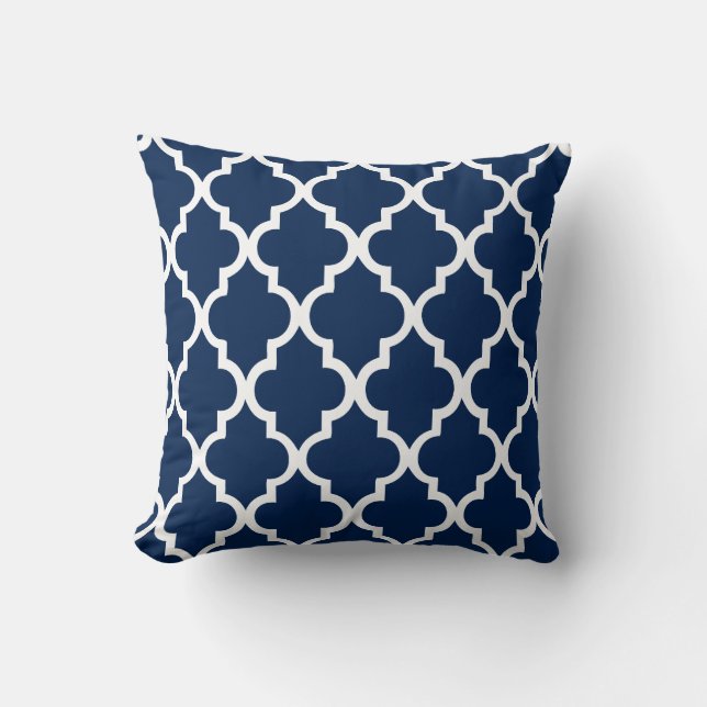 Navy Blue Quatrefoil Pattern Throw Pillow (Front)