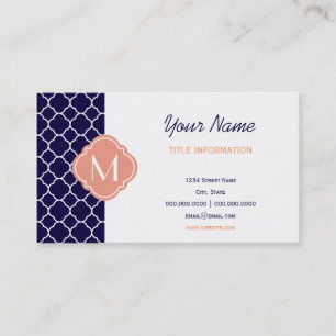 Navy Blue Quatrefoil Pattern with Monogram Business Card