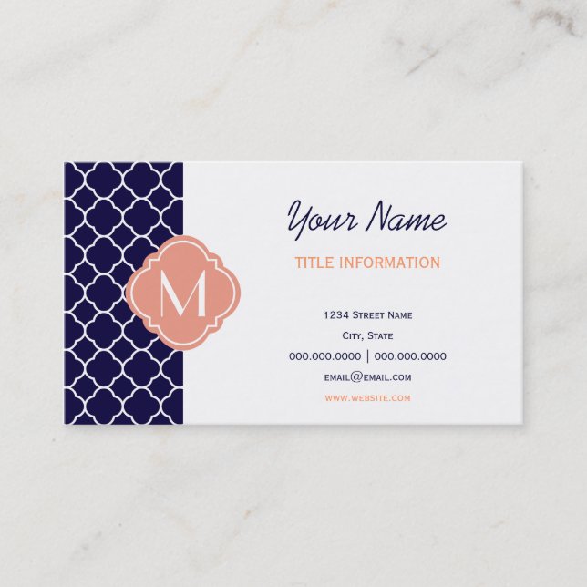 Navy Blue Quatrefoil Pattern with Monogram Business Card (Front)