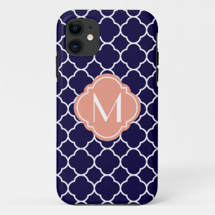 Navy Blue Quatrefoil Pattern with Monogram iPhone 11 Case