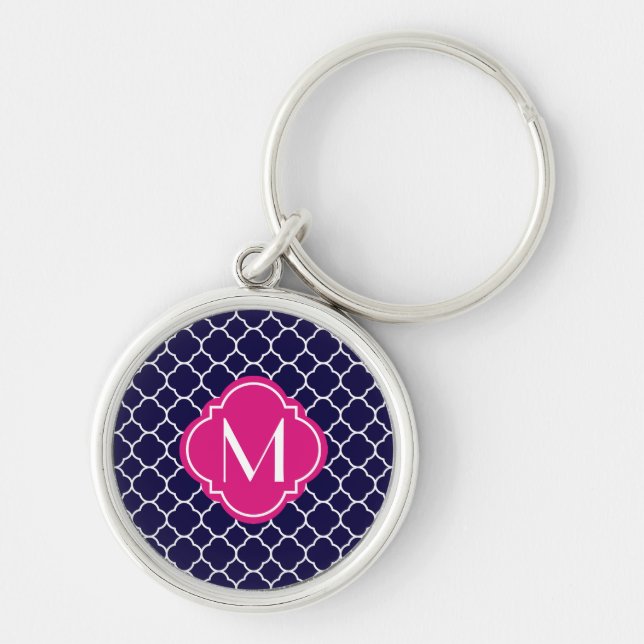 Navy Blue Quatrefoil Pattern with Monogram Keychain (Front)