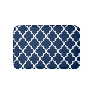 Navy Blue Quatrefoil Tiles Pattern Bath Mat