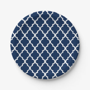 Navy Blue Quatrefoil Tiles Pattern Paper Plate
