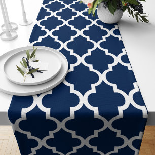 Navy Blue Quatrefoil Tiles Pattern Short Table Runner