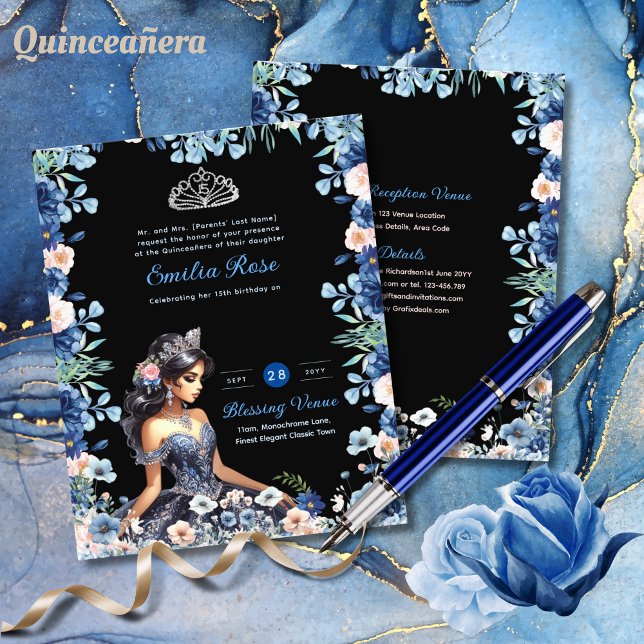 Navy Blue Quinceanera Dress Floral Roses (Creator Uploaded)