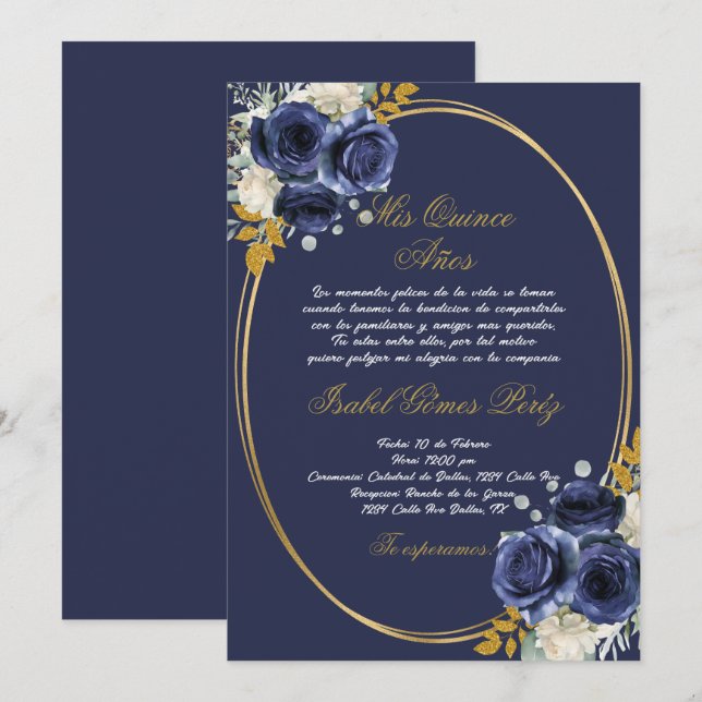 Navy blue Quinceanera invitation in Spanish (Front/Back)