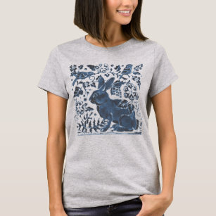 Navy Blue Rabbit & Bird Floral Leaf Scroll Design T-Shirt