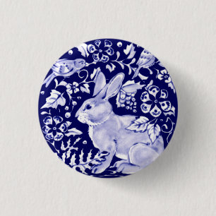 Navy Blue Rabbit Bunny Bird Floral Dedham Delft 1 Inch Round Button