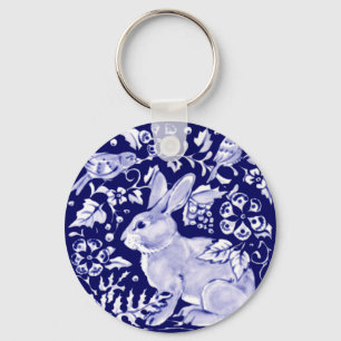 Navy Blue Rabbit Bunny Bird Floral Dedham Delft Keychain
