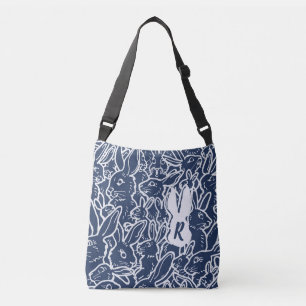 Navy Blue Rabbit Doodle Pattern Purse Monogram  Crossbody Bag