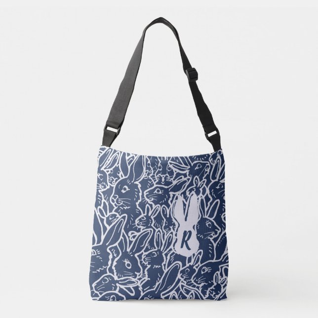 Navy Blue Rabbit Doodle Pattern Purse Monogram  Crossbody Bag (Front)