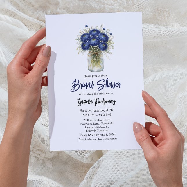 Navy Blue Ranunculus Mason Jar Bridal Shower Invitation (Navy Blue Ranunculus Mason Jar Bridal Shower Invitations
)