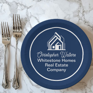 Navy Blue Real Estate Company Custom Realtor Party Paper Plate