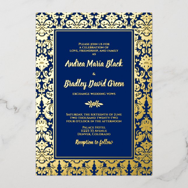 Navy Blue Real Gold Foil Damask Wedding (Front)