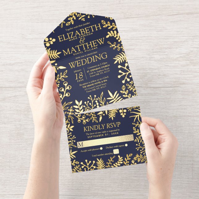 Navy Blue & Real Gold Foil Pressed Floral Wedding All In One Invitation (Tearaway)