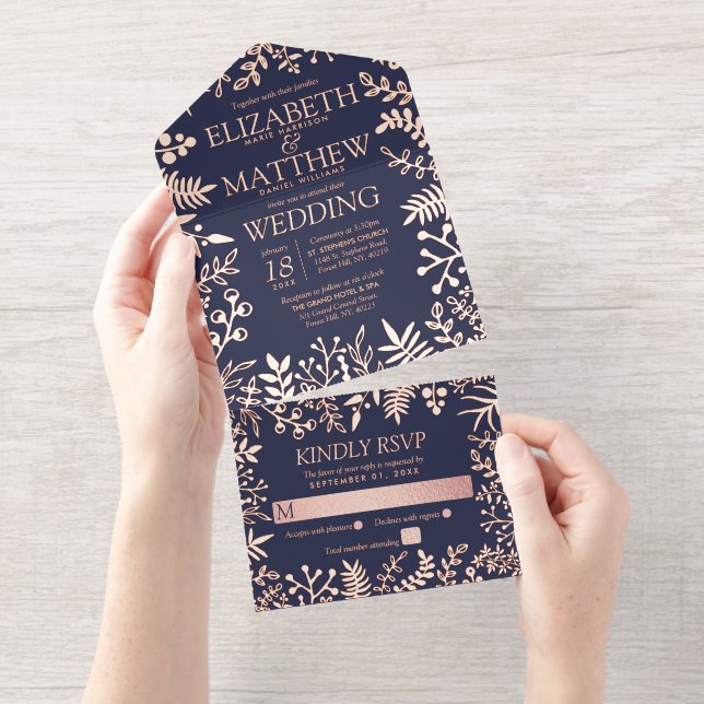 Navy Blue & Real Rose Gold Foil Floral Wedding All In One Invitation (Tearaway)