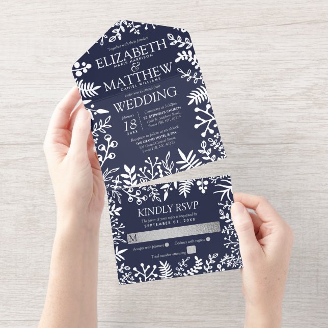 Navy Blue & Real Silver Foil Floral Wedding All In One Invitation (Tearaway)