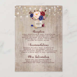 Navy Blue Red and Blush Rustic Wedding Information Enclosure Card