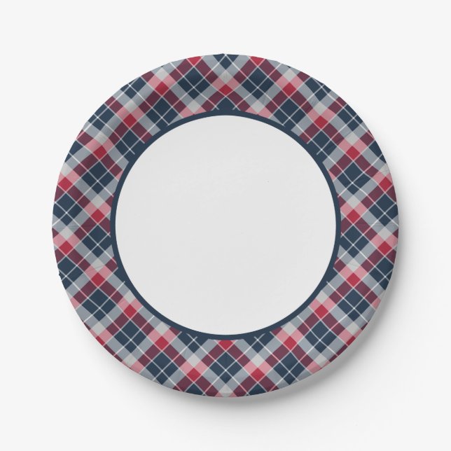 Navy Blue, Red and Grey Sporty Plaid Border Paper Plate (Front)